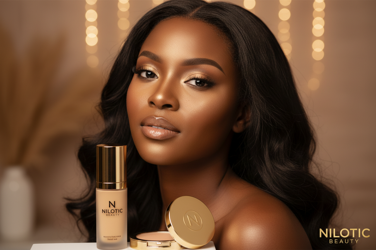 generate an image of a beautiful black woman is abut Nilotic Beauty cosmetic brand